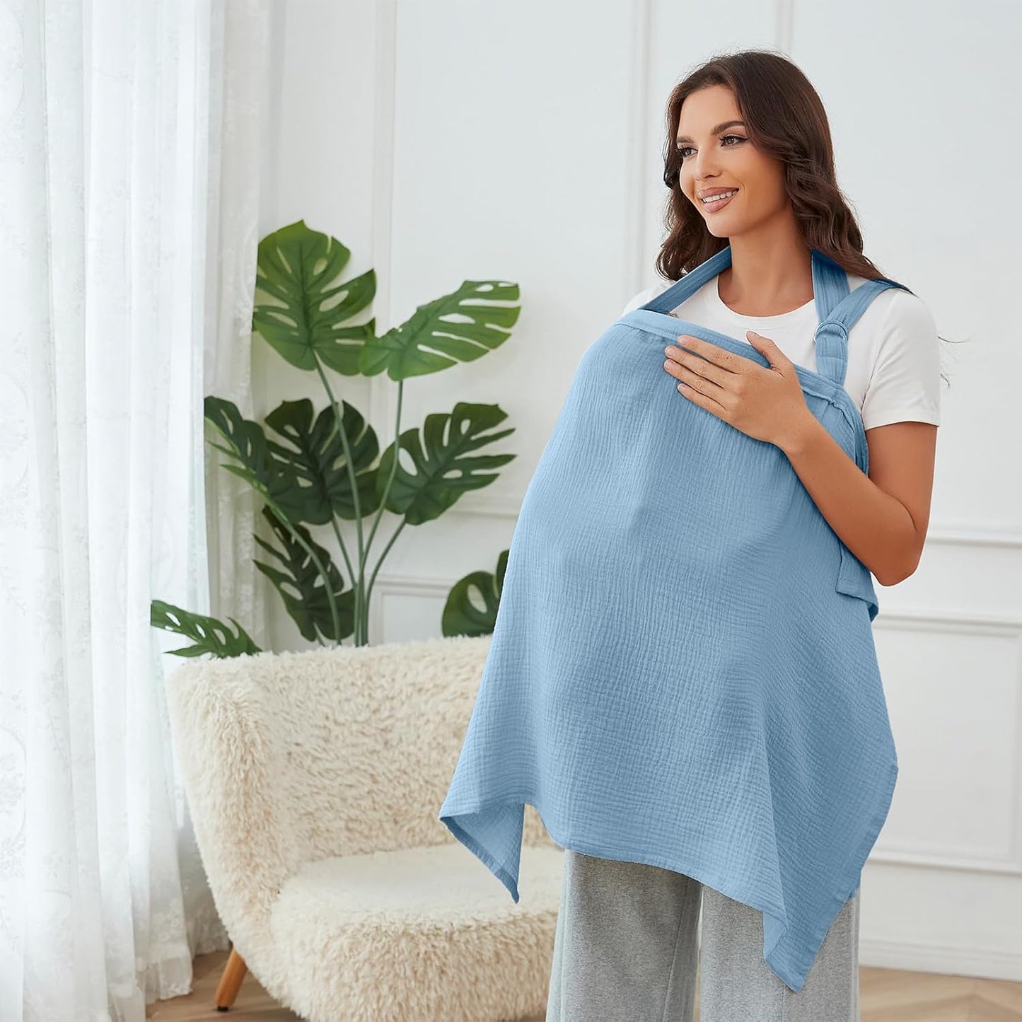 Muslin Nursing Cover for Breastfeeding, Breathable 100% Cotton Privacy Nursing Covers with Rigid Hoop for Mother Nursing Apron (Light Blue)