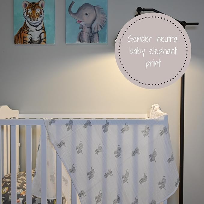 LollyBanks Muslin Swaddle Blankets, Large 47 x 47 Inches Baby Blanket for Boys and Girls, 100% Cotton Baby Swaddle Blanket, Newborn Receiving Blanket for Swaddling, Registry (Baby Elephant Print)