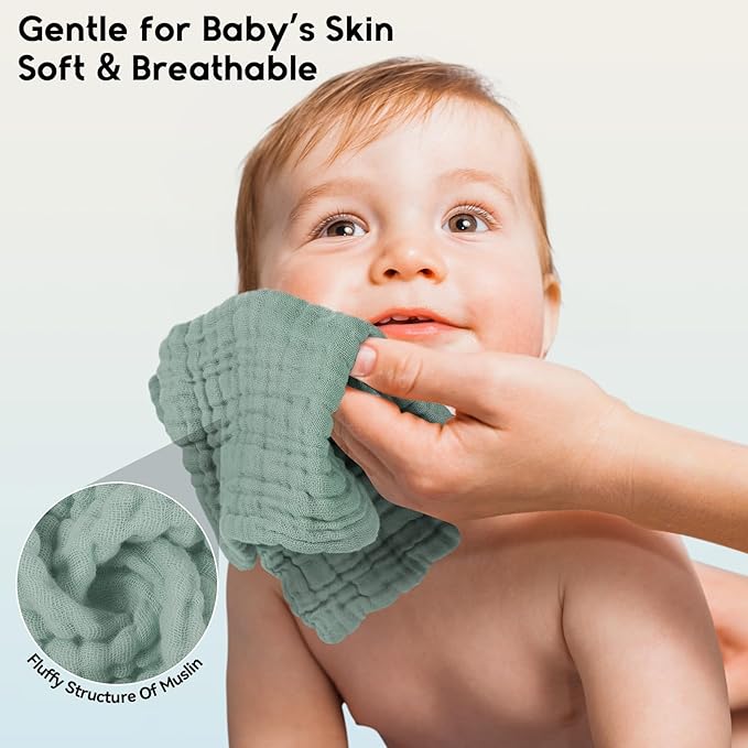 Muslin Baby Washcloths 6 Pack, 100% Cotton Wash Cloths for Babies, Large 12''X12'' Burp Cloths Absorbent and Soft for Newborn Infants Kids Boys Girls - Dark Green