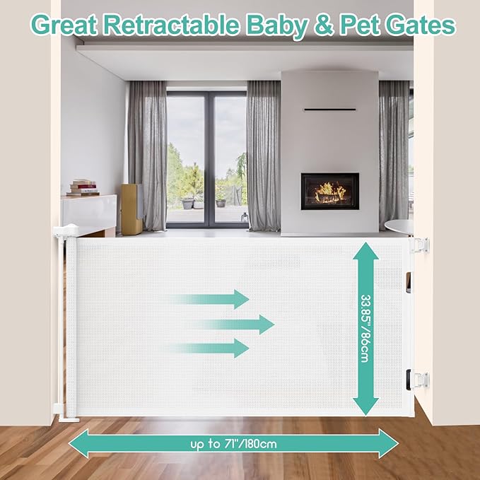 71 inch Retractable Baby Gates, EZIGO Extra Wide Baby Gate for Large Opening Extra Long Mesh Gate for Kids or Pet Dog Gate Child Safety Gate for Stairs Hallways Doorway Indoor Outdoor, White