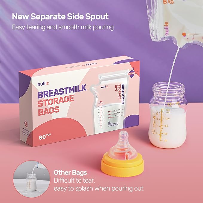 Nuliie 80 Pcs Breastmilk Storage Bags, 8 OZ Breast Milk Storing Bags, BPA Free, Milk Storage Bags with Pour Spout for Breastfeeding, Self-Standing Bag, Space Saving Flat Profile