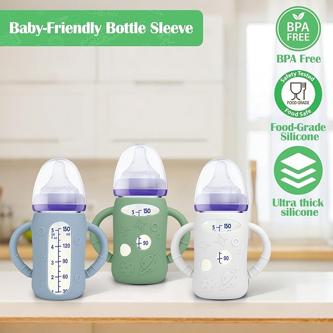 BUSOHA 3 Pack Silicone Sleeves for Lansinoh Glass Bottles - Wide Neck Baby Bottles Sleeves for Lansinoh Bottles Baby Anti-Colic Bottle Holder with Handle Anti Breakage Silicone Protector,5 oz