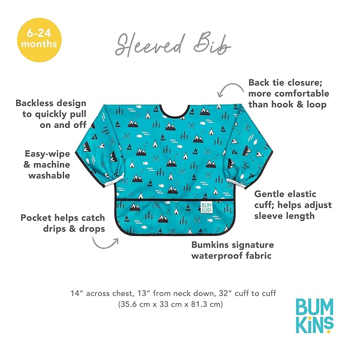 Bumkins Sleeved Bib for Girl or Boy, Baby and Toddler for 6-24 Mos, Essential Must Have for Eating, Feeding, Baby Led Weaning Supplies, Long Sleeve Mess Saving Food Catcher, Fabric, Outdoors Blue
