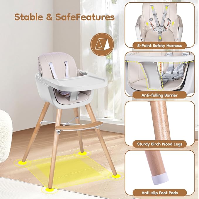 High Chairs for Babies and Toddlers,3 in 1 Convertible Wooden highchair, Baby High Chair with Adjustable Legs,5 Point Harness, Footrest, Dishwasher-Safe Tray & PU Leather Cushion, Beige