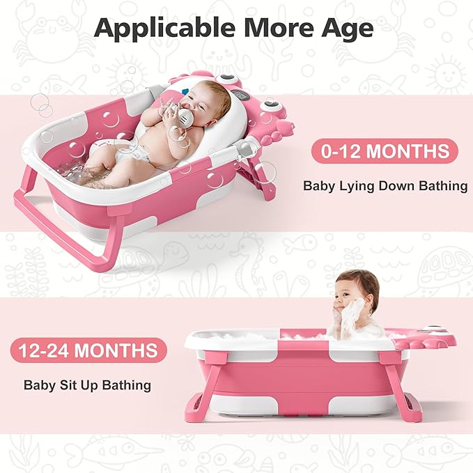 Collapsible Baby Bathtub for Newborns with Thermometer and Soft Floating Cushion Portable and Foldable Travel Baby Girl Bath Tub for Infants to Toddler 0-36 Month (Pink)