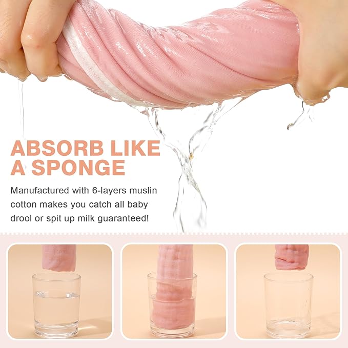 MUKIN Baby Muslin Burp Cloth Set of 6, Ultra Soft Absorbent Thick Cotton Burping Cloths for Unisex Newborn Babies, 20'' by 10'' Neutral Milk Spit Up Rags Boys Girls - Baby Must Haves. (Gradient Pink)