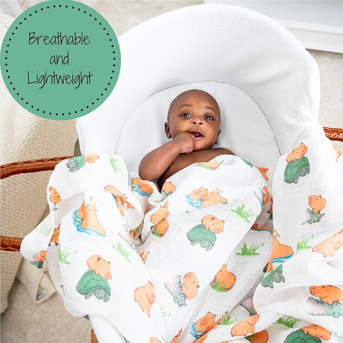 LollyBanks Swaddle Blanket, 100% Cotton Muslin Swaddle Blankets, Neutral Swaddle Blanket 47 x 47 Inches, Baby Blanket for Boys and Girls, Baby Essentials, Registry (Capybara Print)