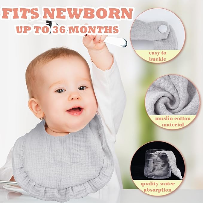 Seematn 10 Pcs Baby Muslin Bibs Drool Bibs Bandana Ruffle Soft Cotton for Newborn Baby Infants Girl Teething Toddlers Boy(Cool Colors)