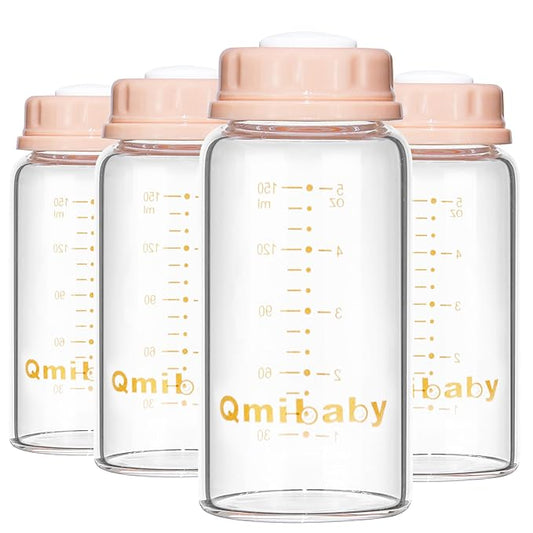 Natural Glass Baby Bottle 150ml 5oz Standard Neck Breast Milk Storage Bottles Compatible with Medela Breast Pumps for Breastmilk Storage Bottle Breastfeeding BPA-Free 4 Pack (Pink Lids)
