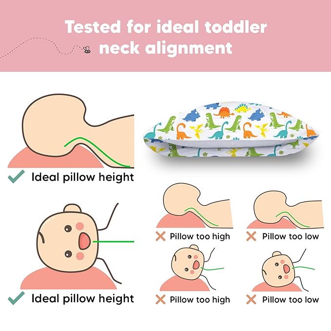 Toddler Pillow with Pillowcase - 13x18 My Little Dreamy Kids Travel Bed Pillows for Sleeping, Organic Cotton Small Pillowcase, Soft & Breathable, Machine Washable, Toddlers 2-5 Years Old (Happy Dino)