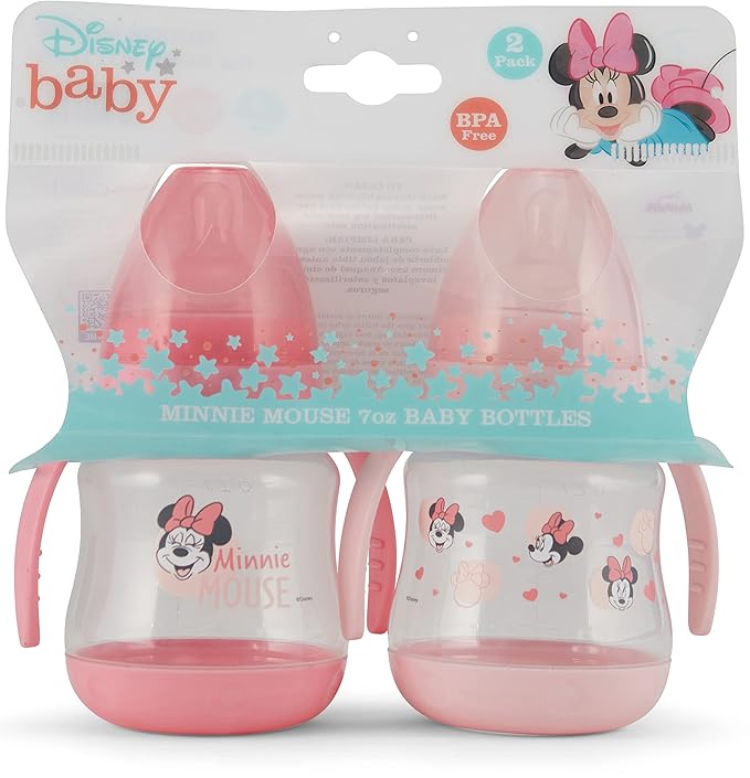 Disney 2 Pack 7 Ounce Baby Bottles with Character Prints and Colored Covers with Double Handle - BPA Free and Easy to Clean