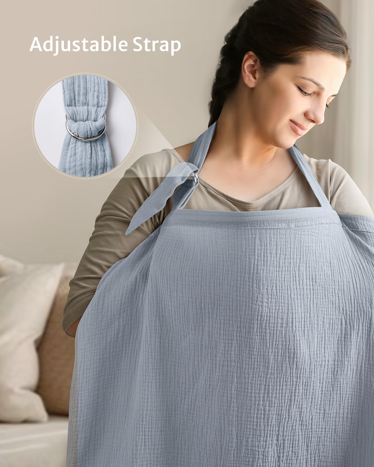 Blissful Diary Muslin Nursing Cover for Breastfeeding, Breathable Breastfeeding Cover up with Arch Neckline for Women, Nursing Apron(Light Blue)