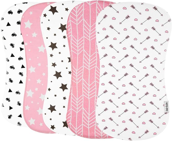 Dodo Babies 5-Pack Baby Burp Cloths - Soft & Absorbent Baby Spitup Cloths - Contoured Shape for Infant Essentials - Includes Pacifier Clips & Pacifier Case - 19 x 9 in, 2 Clips & Case, Pink/White/Grey