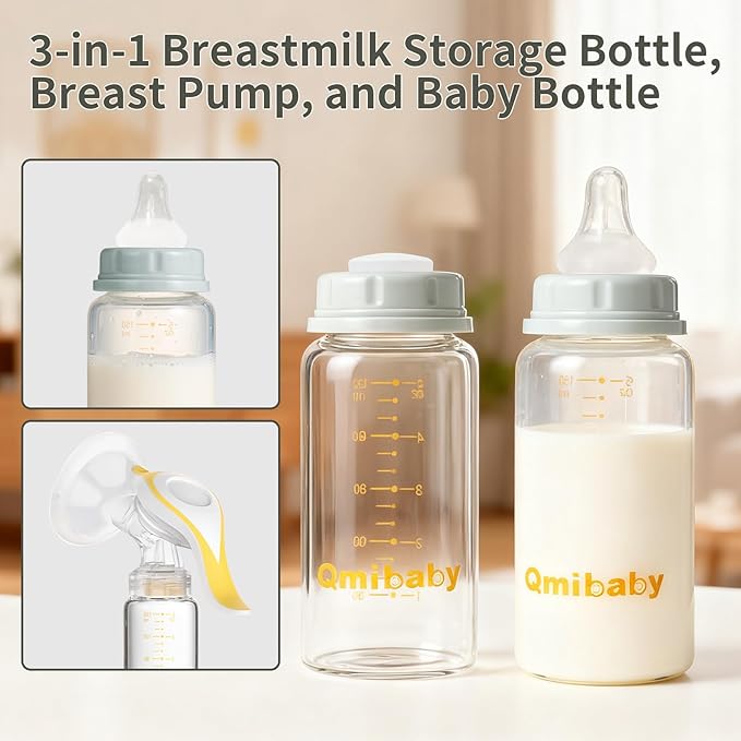 Natural Glass Baby Bottle 150ml 5oz Standard Neck Breast Milk Storage Bottles Compatible with Medela Breast Pumps for Breastmilk Storage Bottle Breastfeeding BPA-Free 6 Pack (Grey Lids)