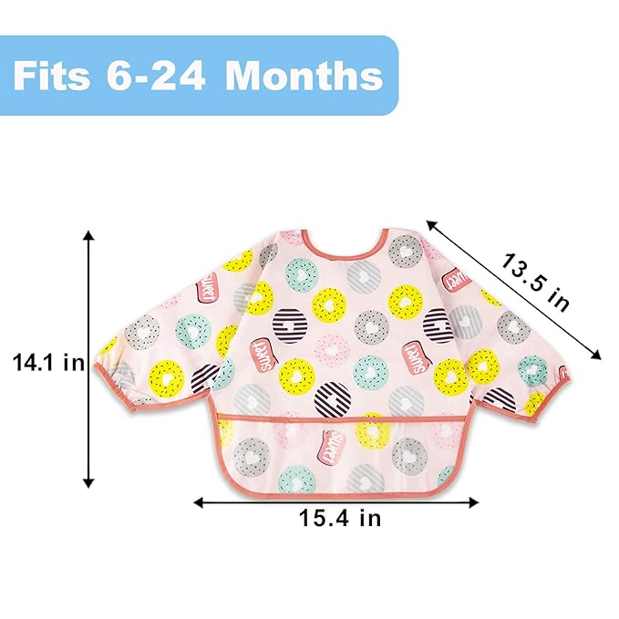 Long Sleeve Bibs For Babies 6-24 Months Full Coverage Shirt Bib for Baby Boys Girls Waterproof Smock Bibs with Sleeves Toddler Mess Free Bib for Eating with Pocket, 3 Pack