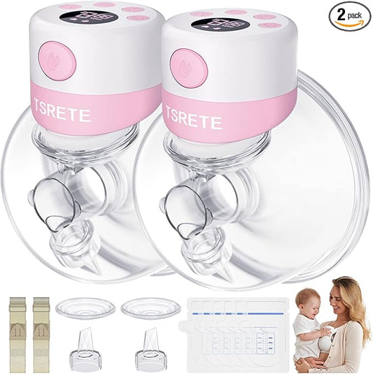TSRETE Double Wearable Breast Pump, Electric Hands-Free Breast Pumps with 2 Modes, 9 Levels, LCD Display, Memory Function Rechargeable Milk Extractor-24mm Flange, Pink
