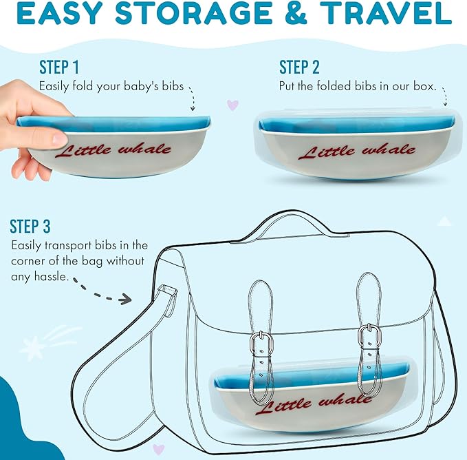 Silicone Baby Bibs Unisex, Self-Feeding, Catch-all Large Pocket, 6-48 months, BPA-Phthalate Free, w/Travel Case