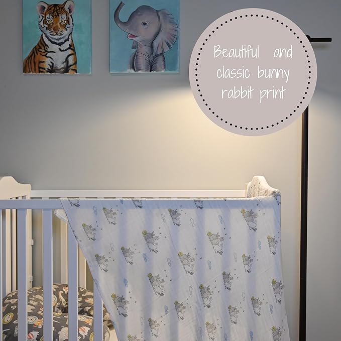LollyBanks Muslin Swaddle Blankets, 100% Cotton Soft Baby Swaddle Blanket for Boys and Girls, Large 47 x 47 Inches Breathable Baby Receiving Blankets, Baby Essentials, Registry (Rabbit Theme)