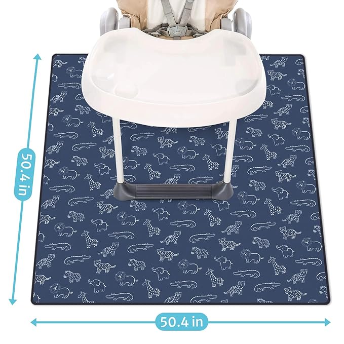 Blissful Diary Baby Splat Mat for Under High Chair, 50.4 x 50.4 Inch Wipeable Splash Mat, Waterproof and Washable, Anti-Slip Floor Protector, Safari Animals