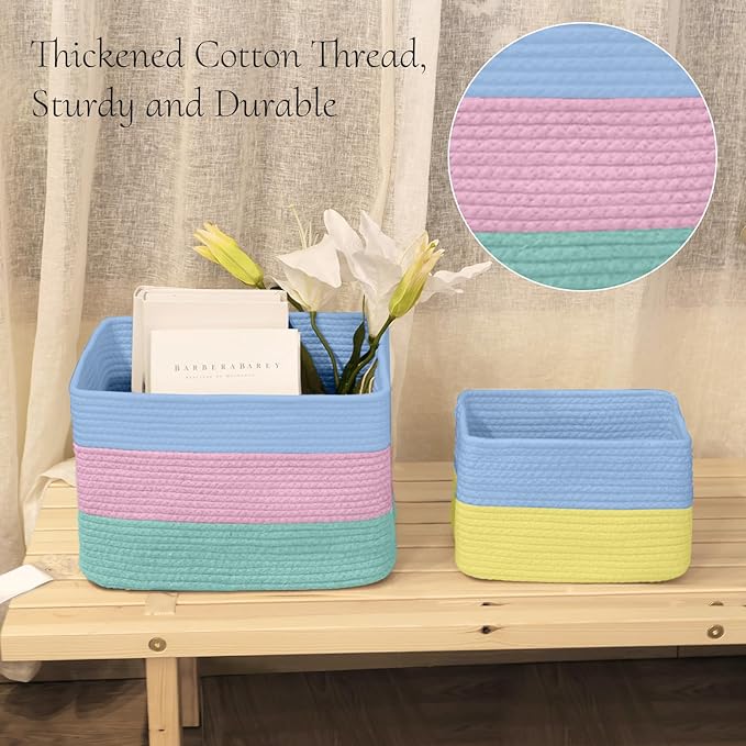 Hopegiver Storage Baskets for Organizing with Handle, Woven Baskets for Shelves - Durable Gift Basket for Cloth Toys Books Baby, Cotton Rope Basket for Dog Cat, 15x11x10 Inch(Blue&Pink&Green)