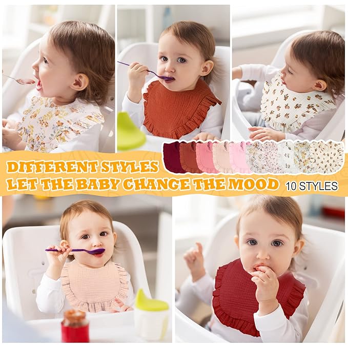 Mepase 10 Pcs Large Muslin Baby Girl Bibs Drool Teething Bibs Lap Shoulder for Boy Girls Teething(Elegant Colors)