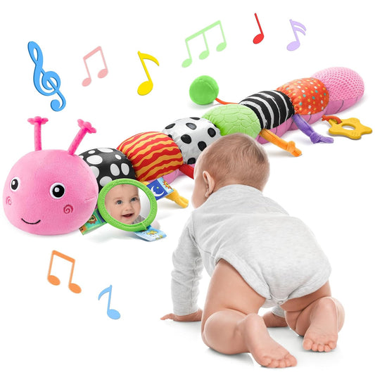Baby Toys 6-12 Months Music Caterpillar Infant Toys Stuffed Animals 0-3-6 Months Teething Tummy Time Sensory Toys with Mirror Rattle&Pull String for Boys Girls Birthday Gifts|Pink,Knot Limb