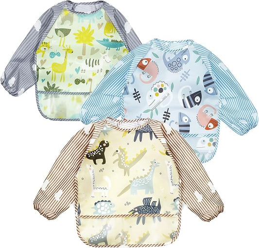 PandaEar (3 Pack Long Sleeve Bibs| Waterproof Full Sleeve Bib for Baby Infant Toddler 6-36 Months