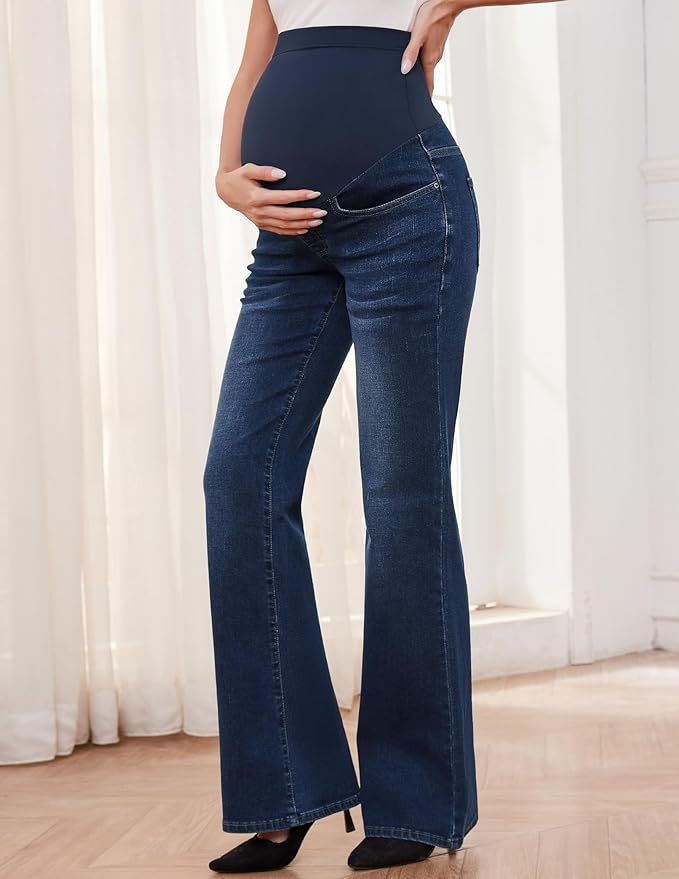 GLAMIX Women's Stretch Maternity Bootcut Jeans with Pockets Over The Belly Bell Bottoms Flare Denim Pants Pregnancy Clothes