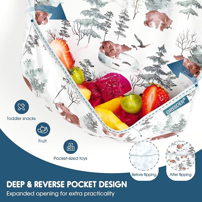 GRSSDER 3-pack Mess Proof Baby Feeding Bibs with Food Catcher Pocket, Soft Lightweight Waterproof Fabric Material with Zero Plastic-like Feel, Adjustable and Easy Clean Toddler Bibs for 6-36 Months