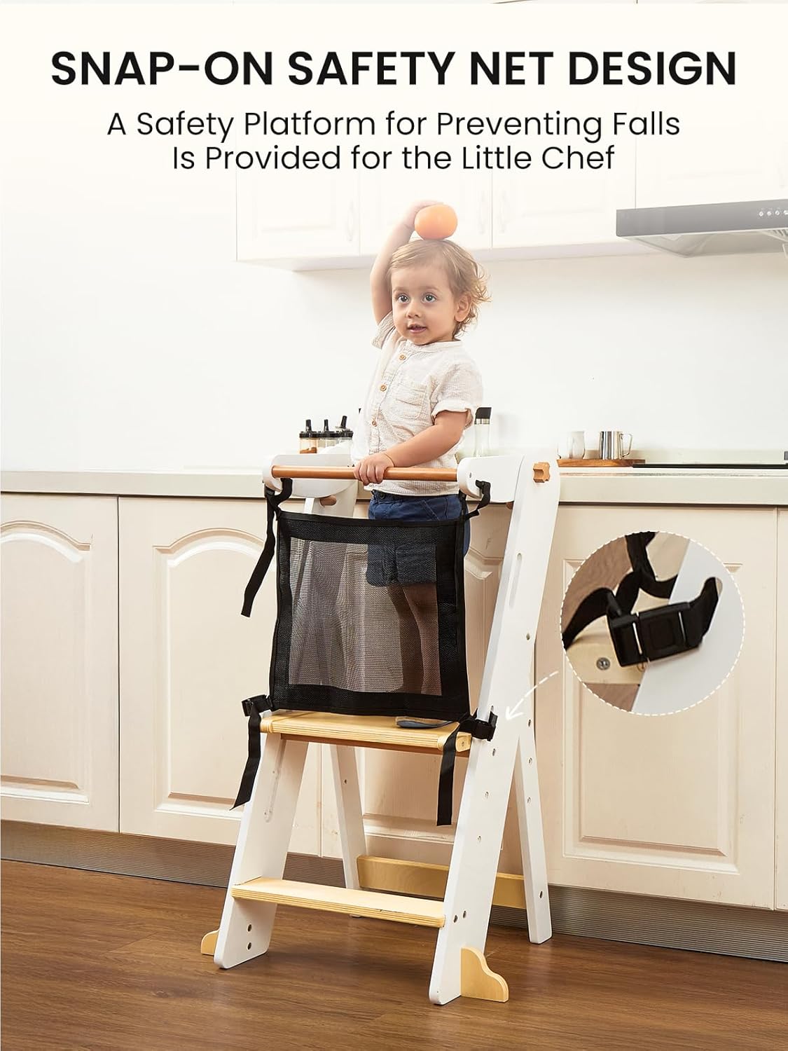 GROWNSY Foldable Toddler Tower, Toddler Kitchen Standing Helper, Kids Learning Tower with 3 Adjustable Heights and Safety Net for Kitchen Bathroom Sink Counter (White)