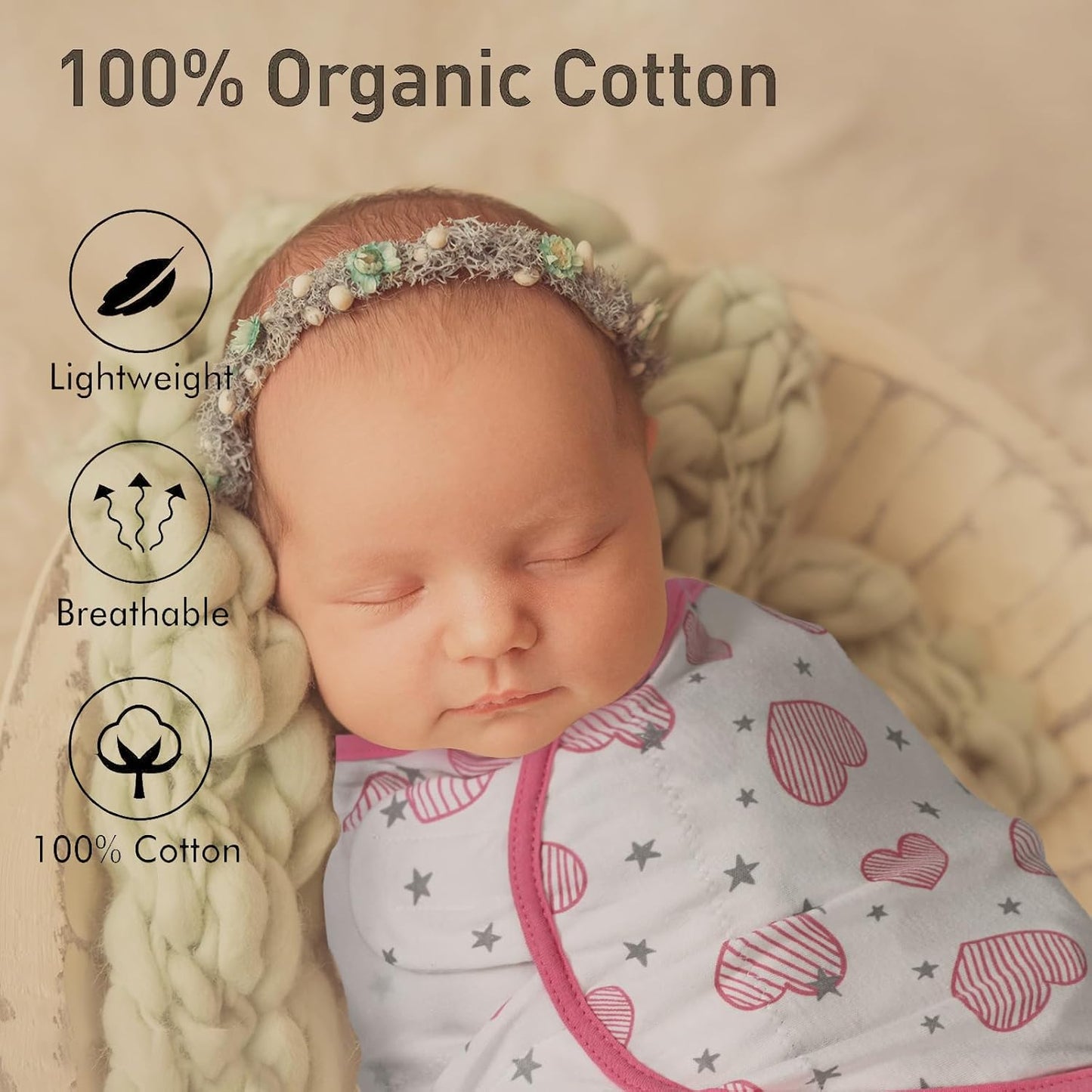 GLLQUEN BABY Swaddles for Newborns - 3 Pack Baby Adjustable Swaddle Sleep Sack for Boys and Girls 0-3 Months,Baby Wrap Swaddle Sack, Stripe & Heart, Nursery Essentials