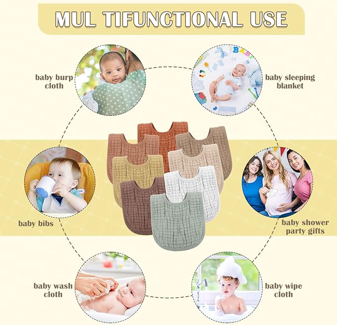 Frienda 8 Pcs Muslin Baby Bibs Cotton Bandana Drool Bibs Bulk for Newborn Infant 6 Absorbent Layers Feeding Accessory