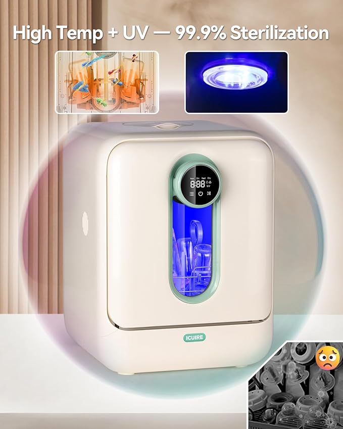 ICUIRE Baby Bottle Washer and Sterilizer and Dryer, 131-167°F High Temperature Sterilize for Baby Stuff, 3.2L Water Tank to Clean Bottles, Pump Part &Pacifiers&Bowl, Newborn Parents One-Hand Operation