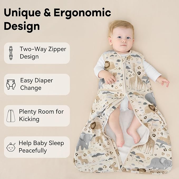 Baby Sleep Sack 18-24 Months 1.0 Tog Baby Wearable Blanket 100% Cotton Sleeping Sack with 2-Way Zipper for Toddler Infant Apricot & Gray Elephant