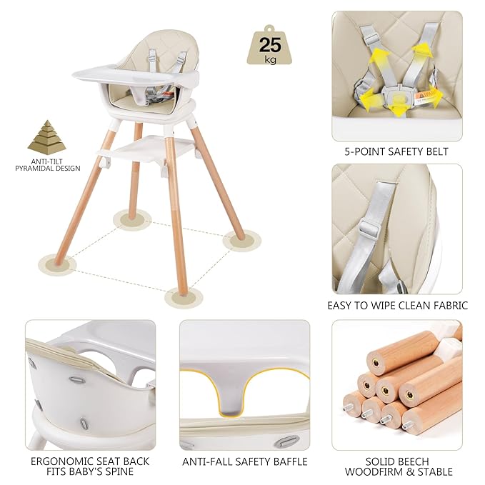 6 in 1 Baby High Chair, Convertible Wooden High Chairs/Booster Seat for Babies and Toddlers, Baby Feeding Chair with 5-Point Harness/Double Removable Tray & Adjustable Footrest (Beige)