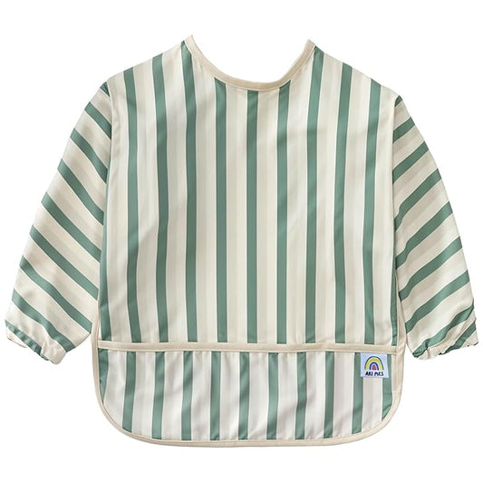 ARI MES Long Sleeves Waterproof Baby Bibs for Eating - Green Stripes, Large- Wearable, Coverall for Toddler, Long Sleeve Bib, Smock Apron for Feeding - Applicable for 6-72 Months