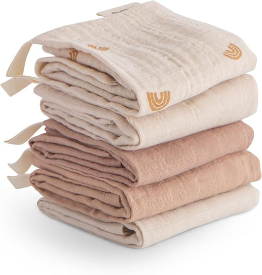 mushie Muslin Organic Cotton Washcloths 5-Pack (Rainbow Combo) | Soft Wipes for Baby Cleanups and Bathing