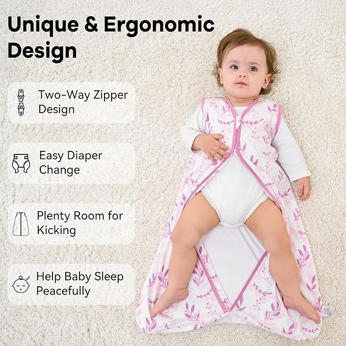 Baby Sleep Sack 12-18 Months 1.0 Tog Baby Wearable Blanket 100% Cotton Sleeping Sack with 2-Way Zipper for Toddler Infant Purple Leaf
