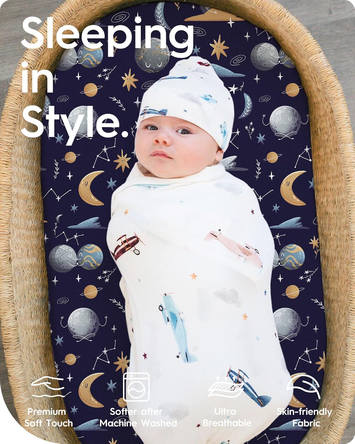 Bassinet Sheets for Baby Boy Girl, TotBasic Buttery Soft Universal Bassinet Fitted Sheet, Compatible with Halo, Mika Micky, Baby Delight, Dream On Me, Maxi COSI and More Bassinet Mattress(Space)