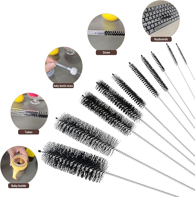 Long Straw Brush, Straw Brush Set 10 Pack, Straw Brush for Tumbler, Sippy Cup, Water Bottle and Hummingbird Feeders.(Black)