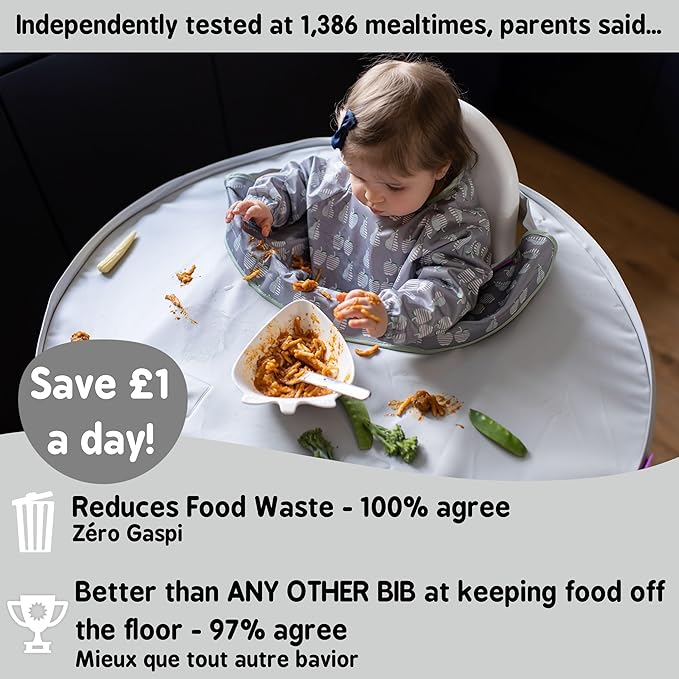Tidy Tot- Baby Bib & Tray Kit - Mess Proof Long Sleeve Smock Attaches to Feeding Mat, Waterproof Bib - Fits Babies 6-24 Month