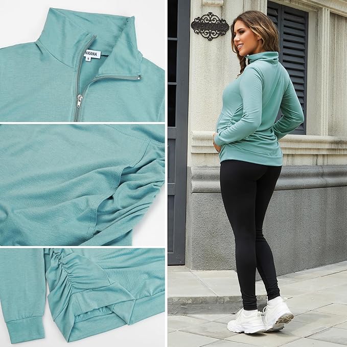 GINKANA Maternity Women's Long Sleeve Shirt Half Zipper Lapel Lightweight Casual Maternity Pullover with Pockets