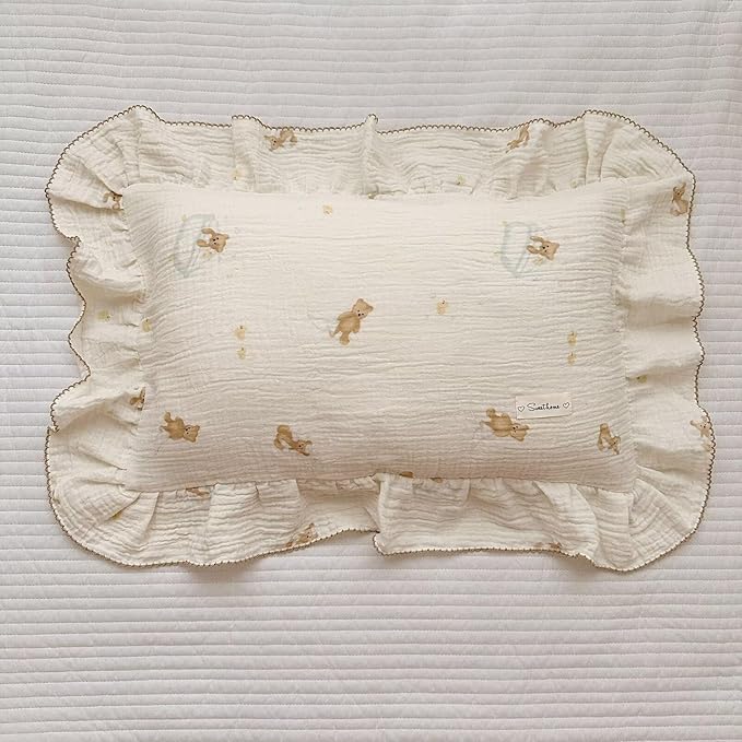 BuLuTu Muslin Cotton Girls Boys Pillow Case Standard Size, Cute Bear Children Pillowcase Neutral Baby Kids Pillow Cover Envelope Closure, 1 Piece, Bedding Decor, Machine Washable