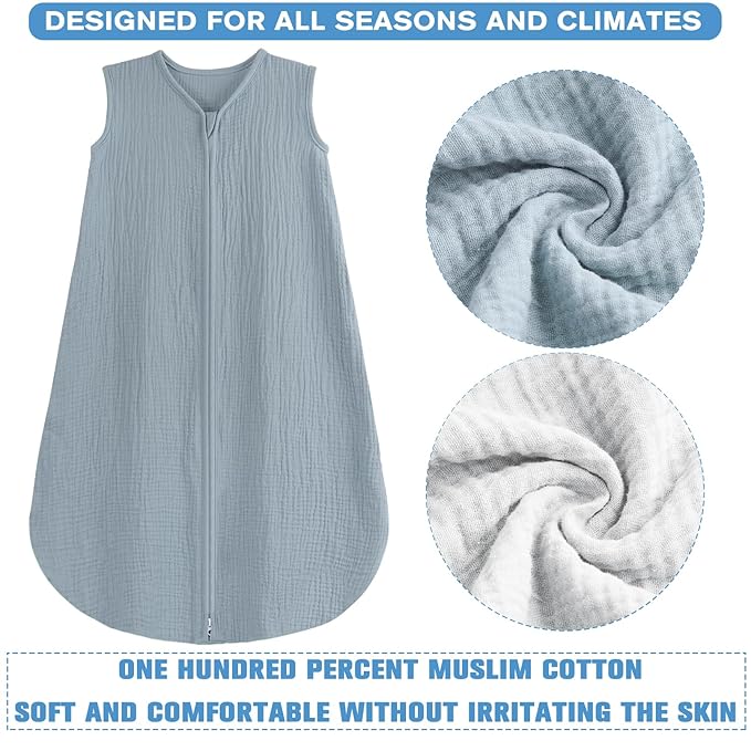 2 Pack Baby Sleep Sack 12-18 Months 100% Organic Cotton Muslin Baby Sleeping Bag 2-Way Zipper Toddler Wearable Blankets Comfy Stretchy Thin Sleep Sacks