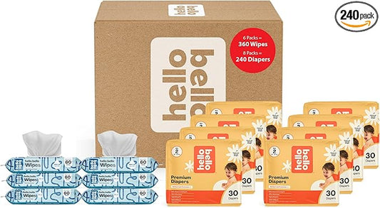 Hello Bello Mega Surprise Pack, Size 2 (10-16 lbs), 240ct Hypoallergenic Assorted Diapers with a Soft, Cloth-Like Feel Plus 360 Ultra Gentle Unscented Baby Wipes in 6 Resealable Packs
