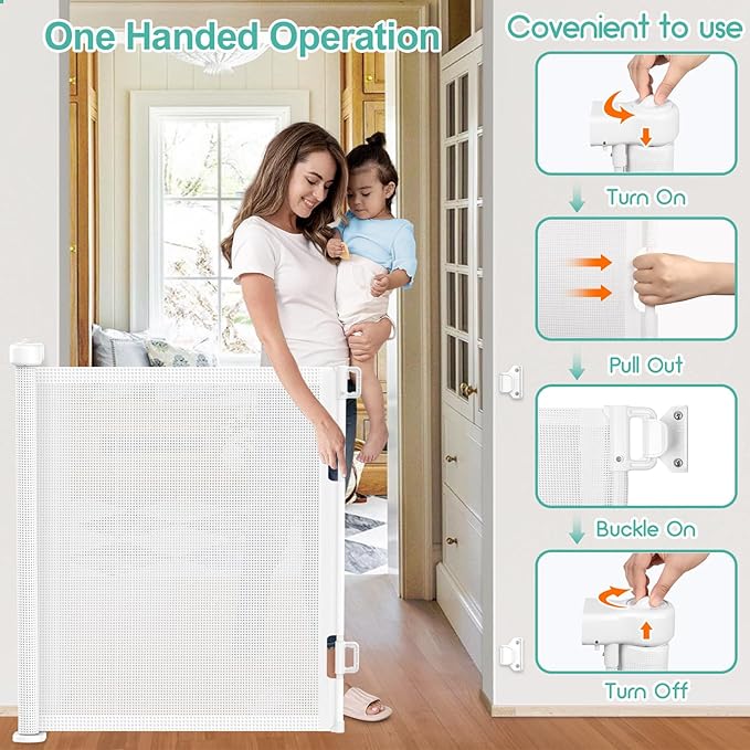 Upgrade 180 inch Retractable Baby Gates, EZIGO Extra Wide Baby Gate for Large Opening Extra Long Mesh Gate for Kids or Pet Dog Gate Child Safety Gate for Stairs Hallways Doorway Indoor Outdoor, White