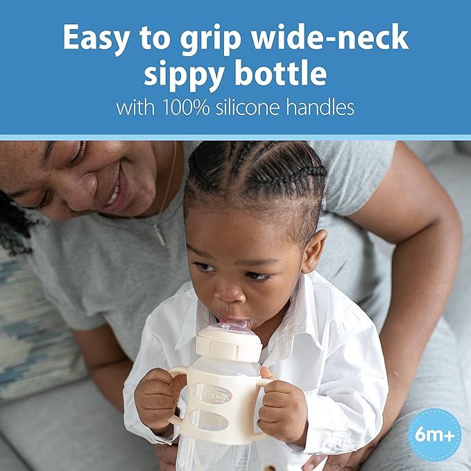 Dr. Brown's Milestones Wide-Neck Sippy Spout Bottle with 100% Silicone Handles, Easy-Grip Handles with Soft Sippy Spout, 9oz/270mL, Black & Ecru, 2-Pack, 6m+