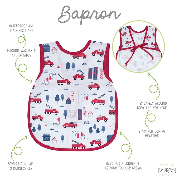 BapronBaby Be Brave - Firefighter Bapron - No Neck Tie Safer Bib for Baby & Toddler - Soft Waterproof Stain Resistant - Machine Washable - Sz Preschool 3-5yrs