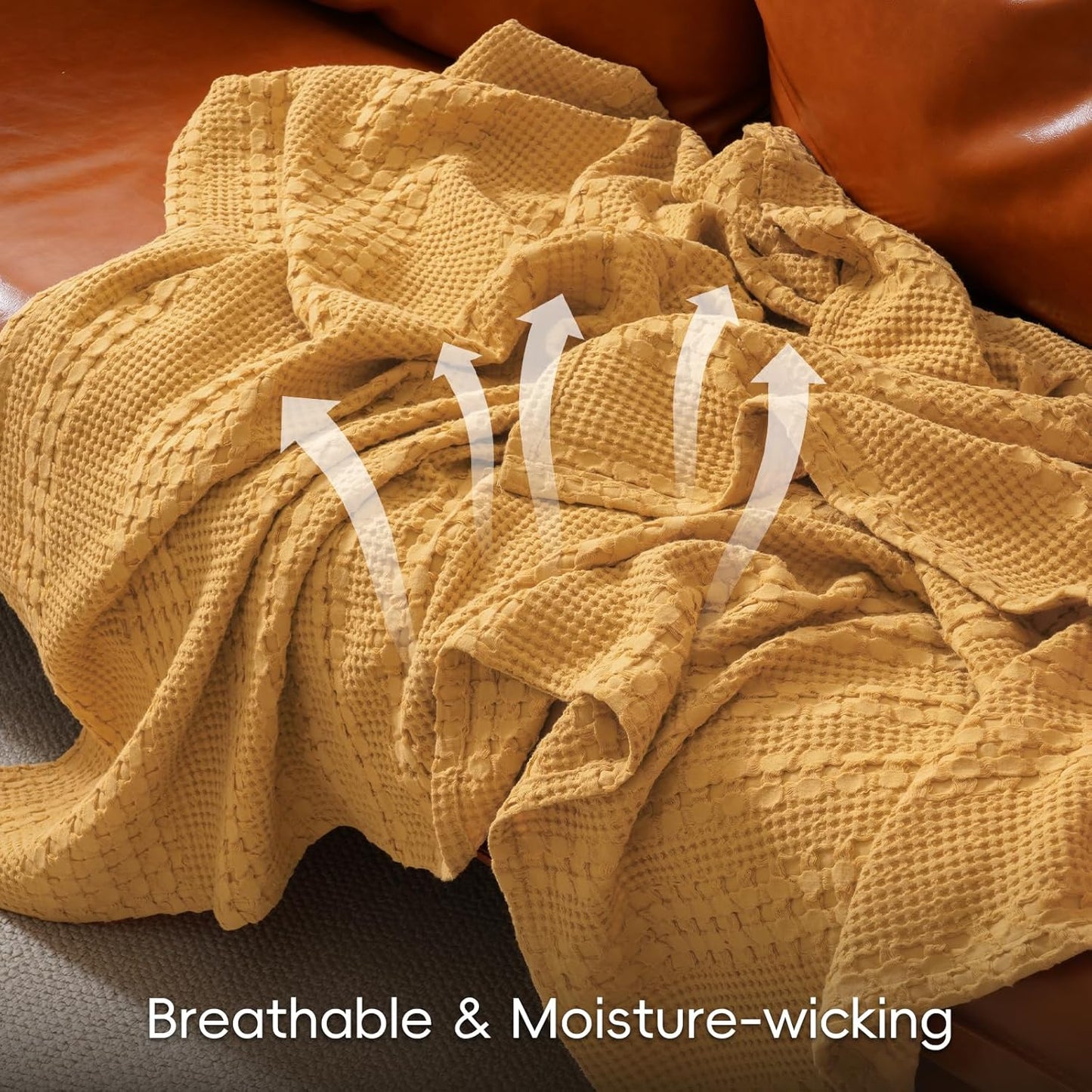 PHF 100% Cotton Waffle Weave Blanket Twin Size, Soft Lightweight Breathable Cozy Summer Blankets for Bed, Luxury Aesthetic Woven Bedding for Home Decor, 66"x90", Ginger/Honey Yellow