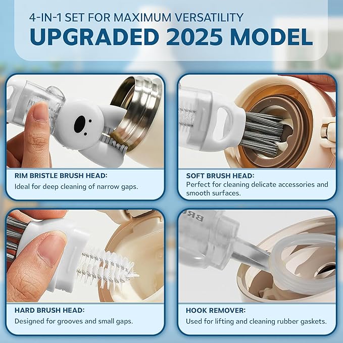 Cup Lid Cleaning Brush, Multifunctional Set with 3 in 1 Lid Cleaner and Two 4 in 1 Cup Lid Cleaning Brushes, Cleaning Brush Tool for Bottles, Straws, Tumblers, Travel Mug Caps, Portable Kit (Blue)